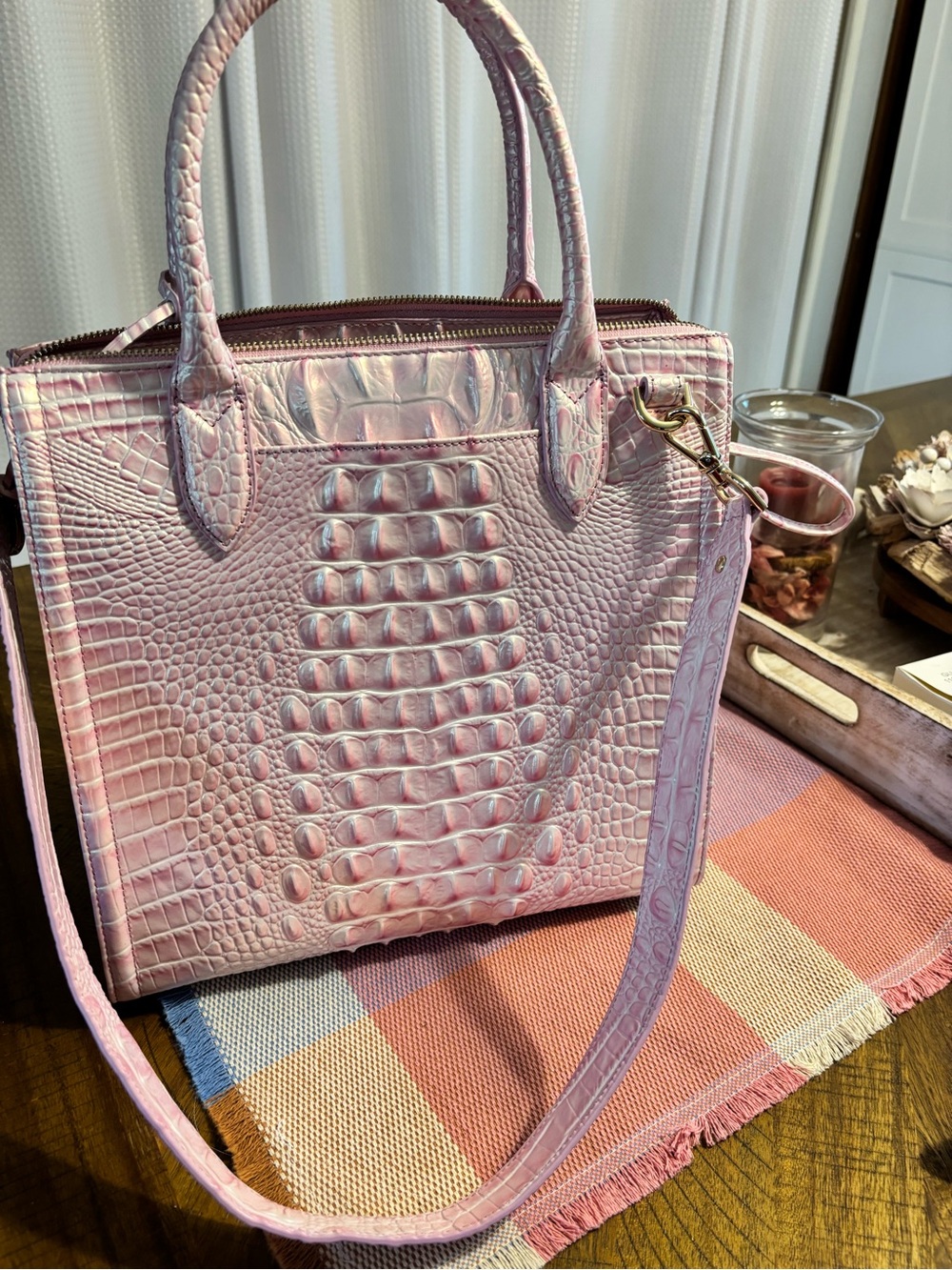 Brahmin Iridescent Pink Croc-Embossed Tote with Wristlet - Picture 6 of 9